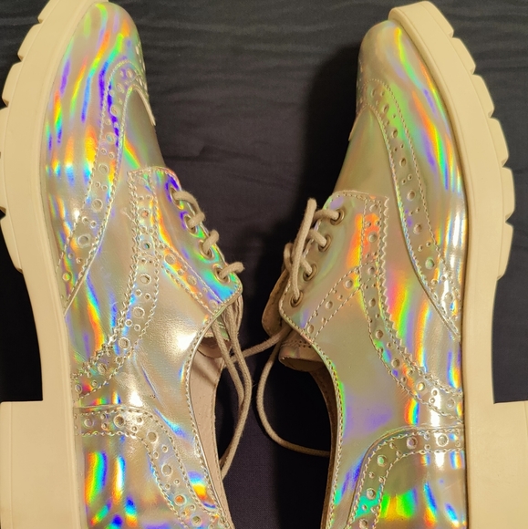 Holographic Iridescent Lace Up Platform Oxford Loafers Shoes 7.5 - Picture 2 of 4